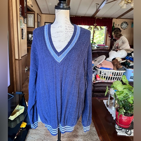 Vintage 1991 Jantzen Knit Navy Blue striped Mens Made In USA Pullover Cardigan. - Picture 16 of 16